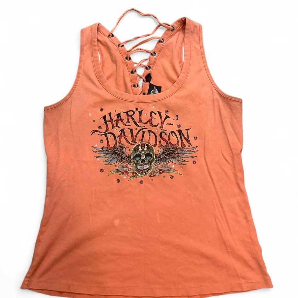Harley Davidson Women's Tank Top Lace Up Back Sugar Skull Rhinestone Biker